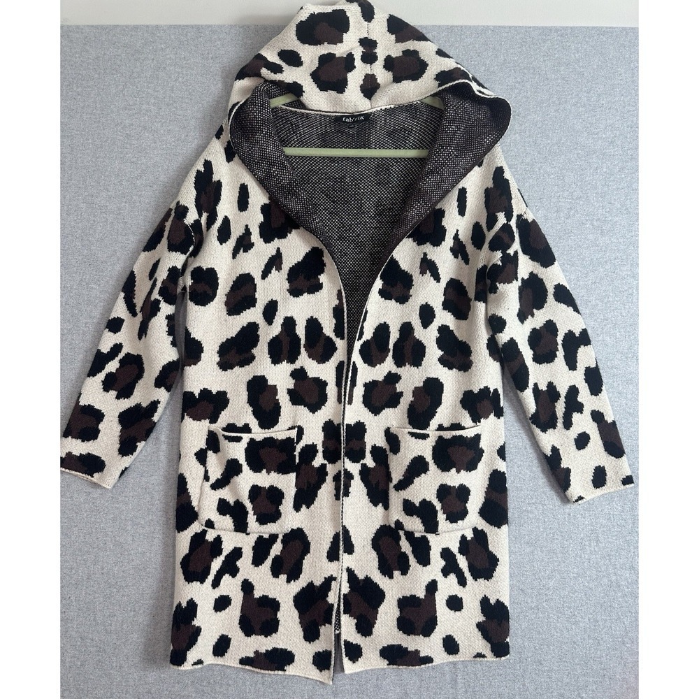 Long Hooded Cozy Oversize Open Front Leopard Cardigan Coatigan S‎ Brown Mobwife